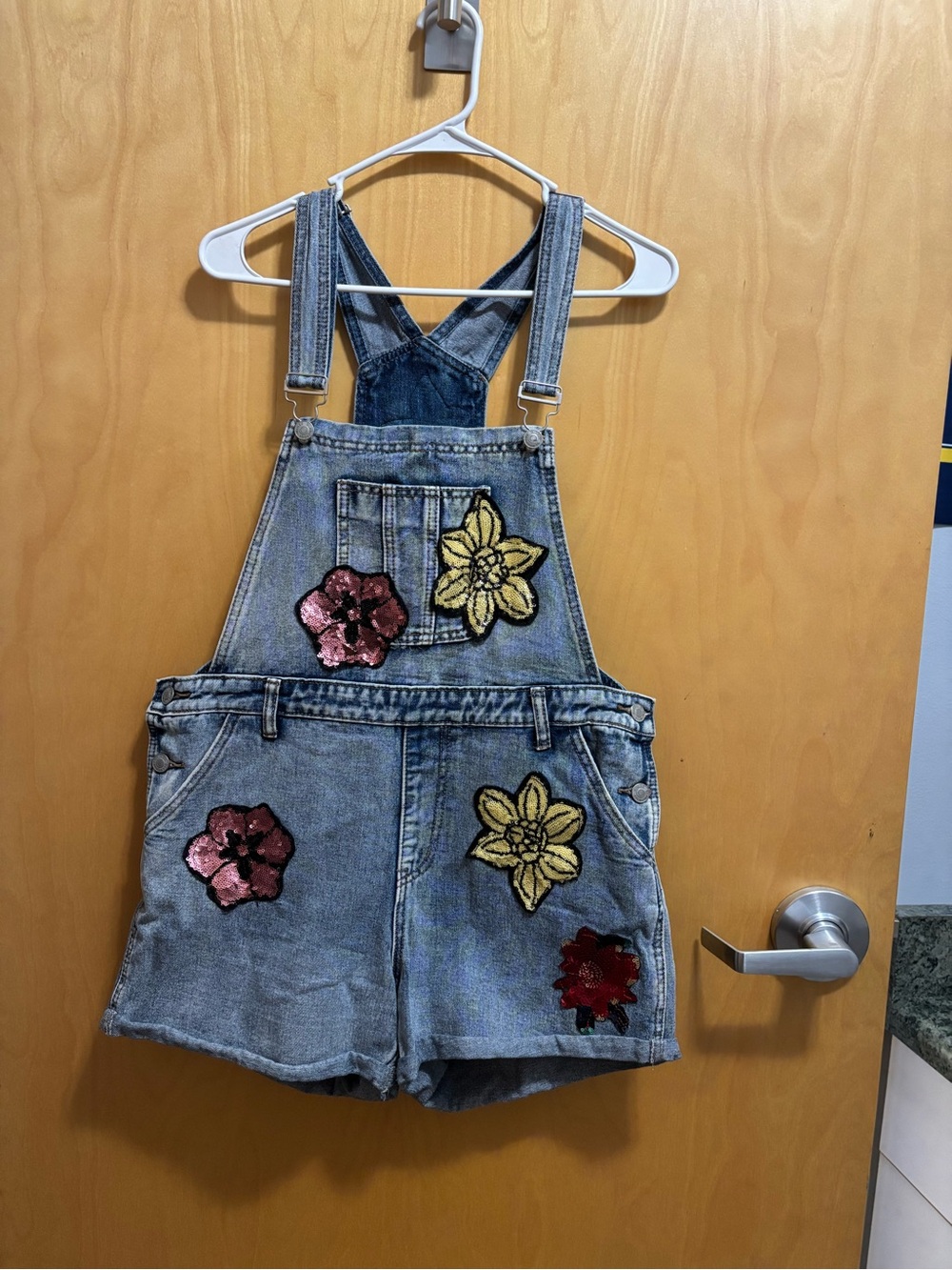 Glamorous Light Blue Denim Short Overalls with Sequin Floral Patches